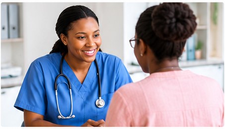 Nurse consulting with a woman in a clinic